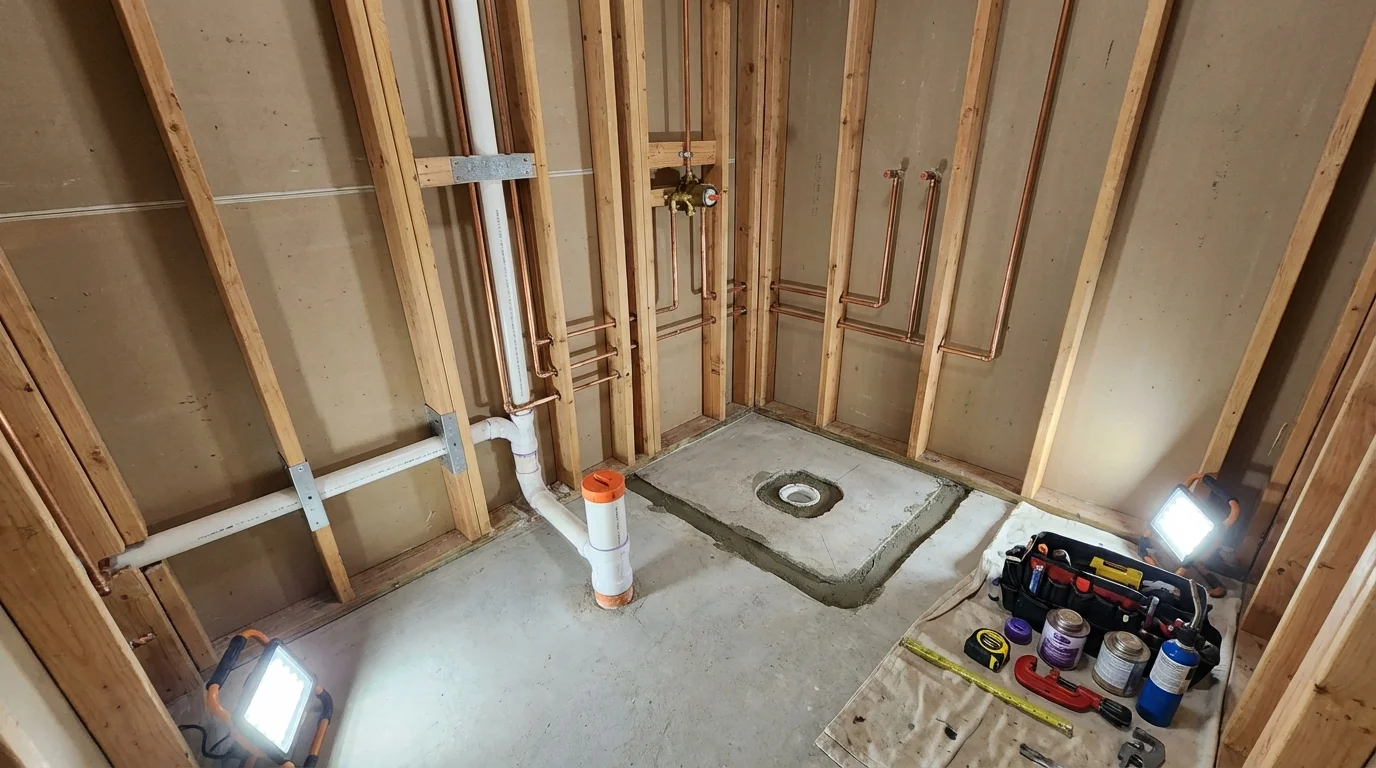 Bathroom rough-in plumbing during remodel by Johns Plumbing LLC in Boerne