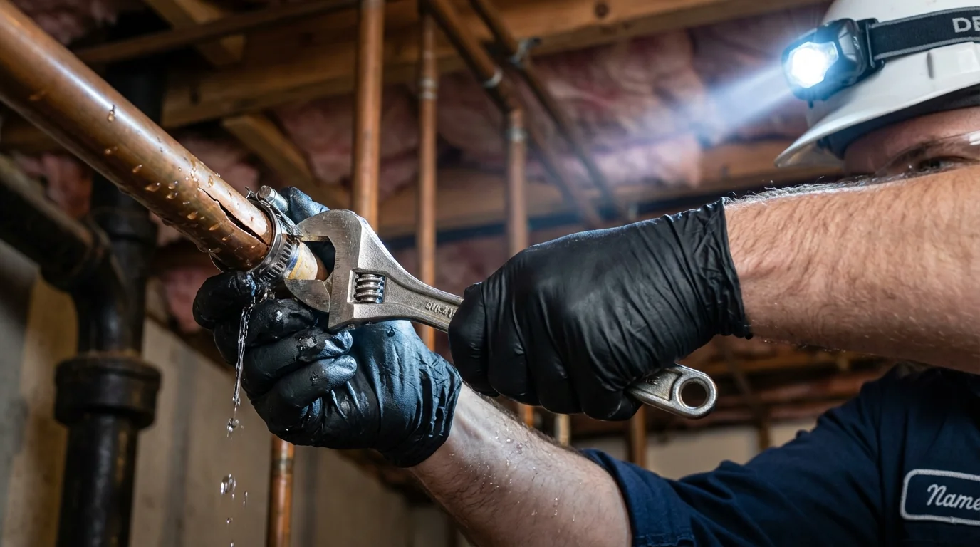 Emergency pipe clamp repair being performed by a Johns Plumbing LLC plumber in Boerne