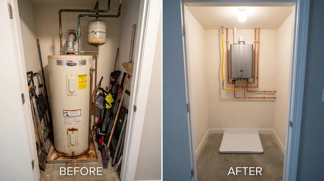 Tank water heater versus wall-mounted tankless unit comparison for Boerne, TX homeowners