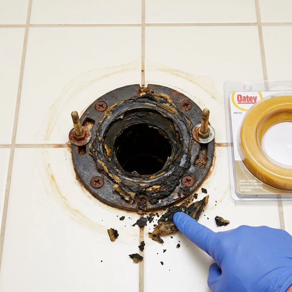 Failed wax ring showing water seepage at the base of a toilet in a Boerne, TX home