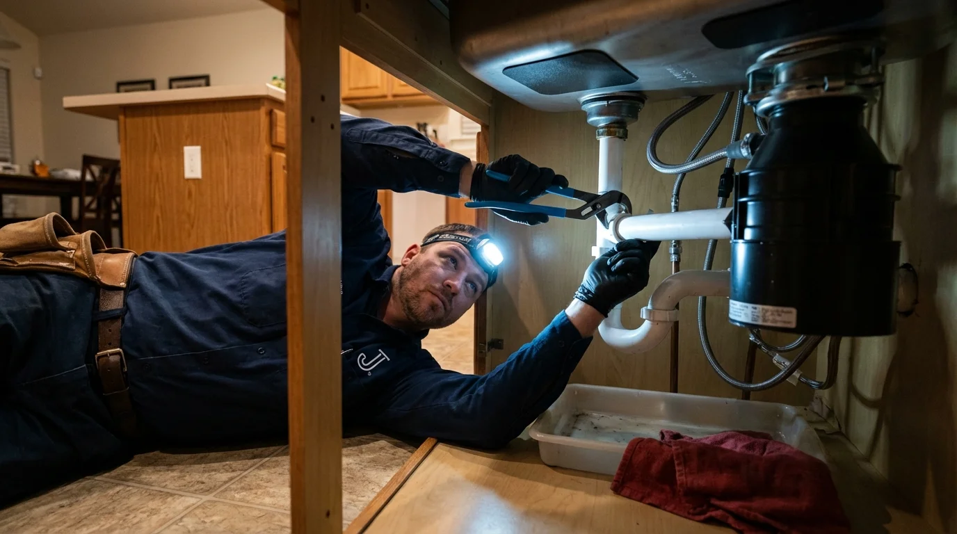 P-trap and supply line connections under a kitchen sink showing a common leak point in Boerne, TX